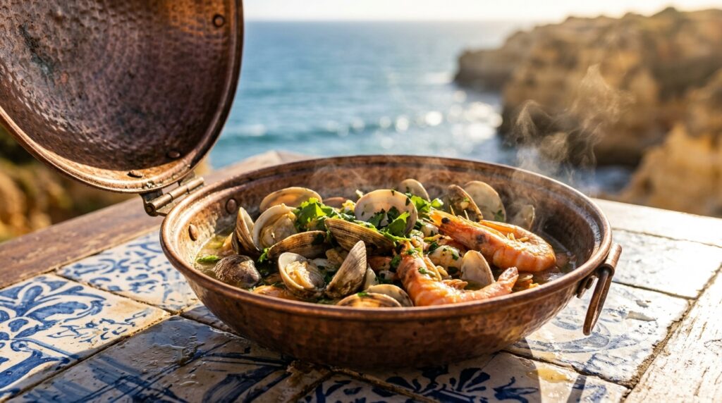 Ultra close-up macro of traditional copper cataplana seafood dish on azulejo tile table overlooking Atlantic sea