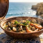 Ultra close-up macro of traditional copper cataplana seafood dish on azulejo tile table overlooking Atlantic sea