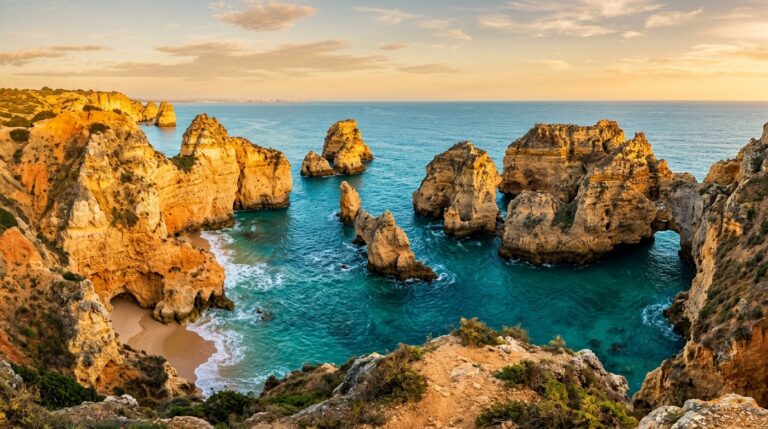 Golden sea cliffs and natural rock arches over turquoise Atlantic ocean at Ponta da Piedade Algarve Portugal