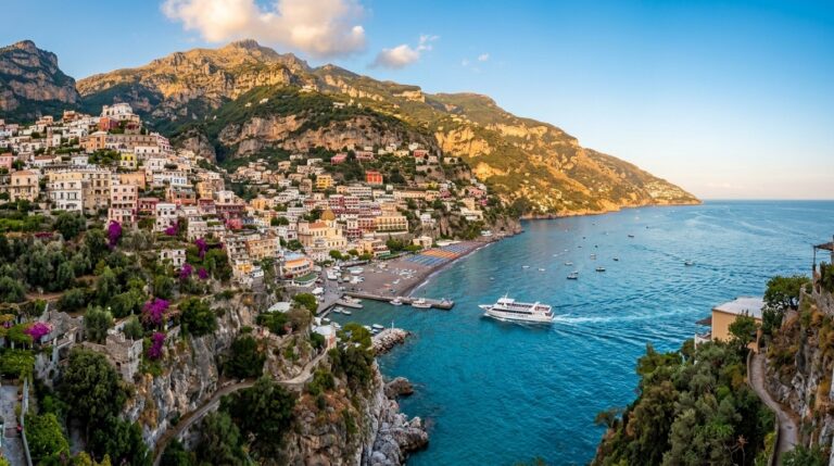 Panoramic view of pastel cliffside village of Positano on the Amalfi Coast with a white public passenger ferry cruising into the turquoise Mediterranean bay