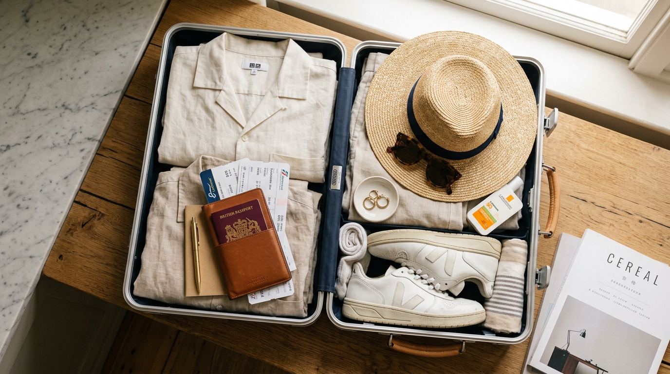 Open carry-on suitcase flat-lay packed for 2 weeks in Europe