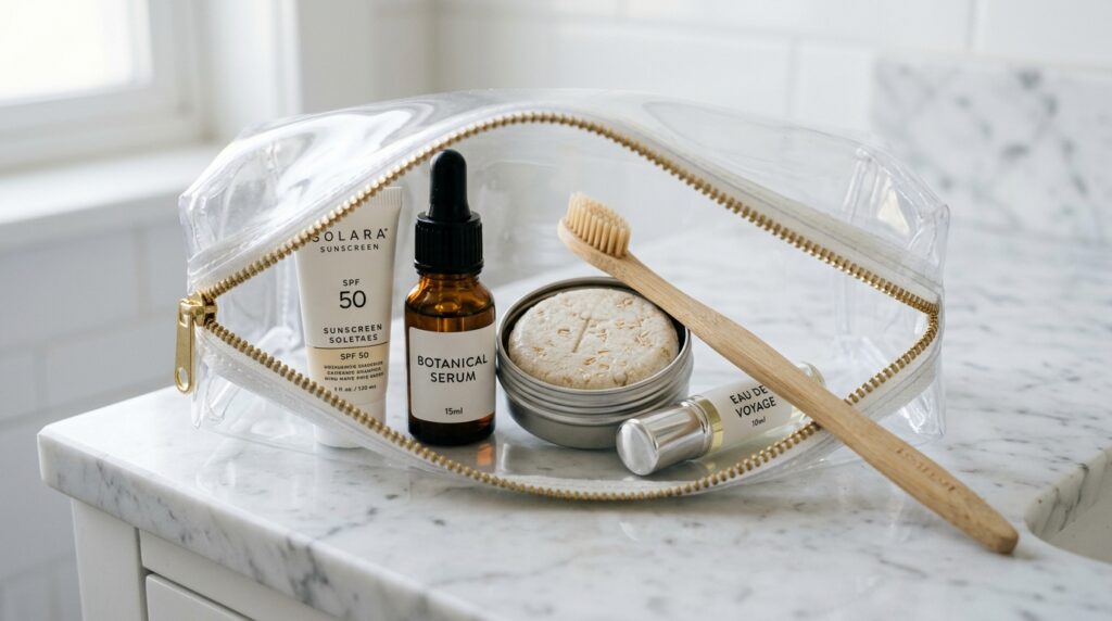 Ultra close-up macro of minimalist travel toiletries in transparent quart bag on marble vanity