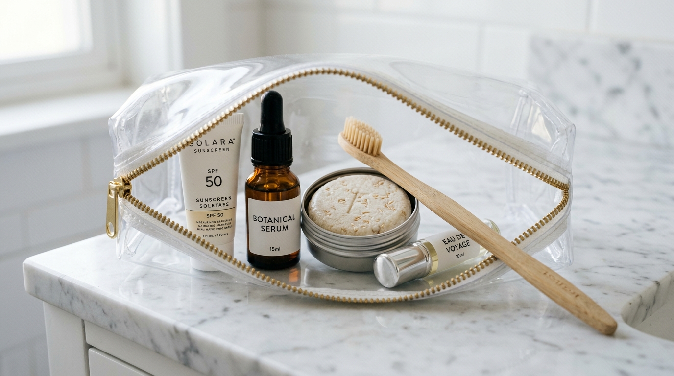 Ultra close-up macro of minimalist travel toiletries in transparent quart bag on marble vanity