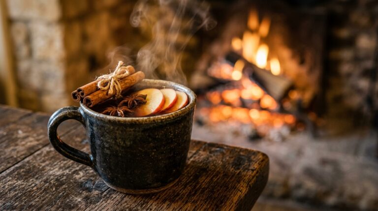 Ultra close-up macro of steaming hot spiced apple cider and crackling stone hearth fireplace in a Cotswolds inn