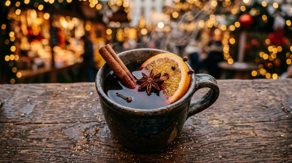 Ultra close-up macro of steaming Gluhwein mulled wine mug with cinnamon and orange at European Christmas market