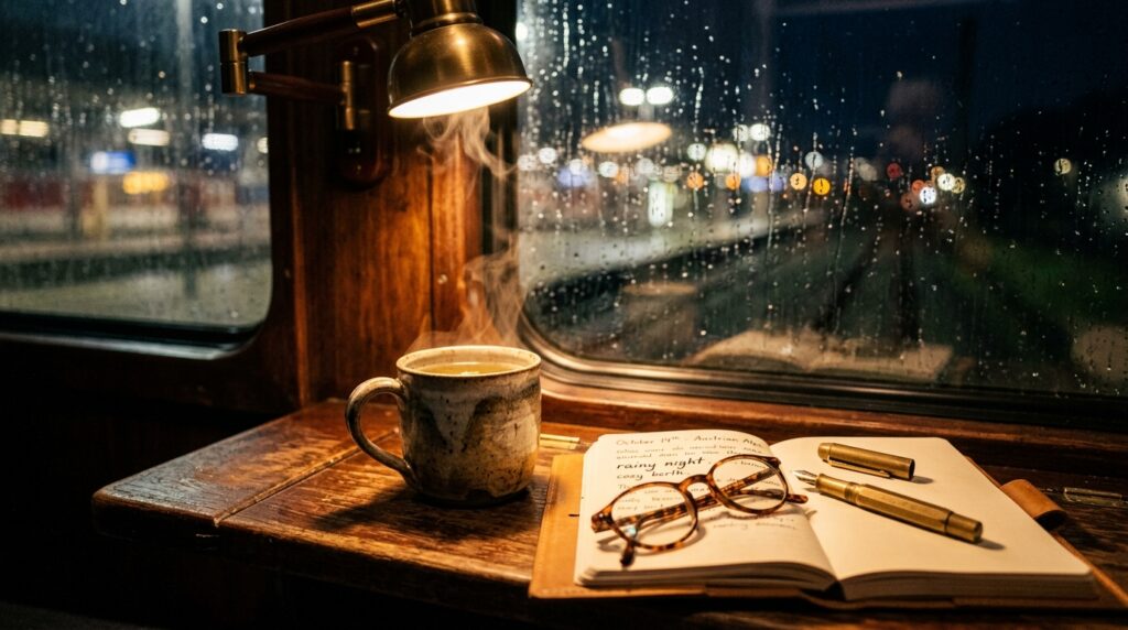 Ultra close-up macro of steaming herbal tea and leather travel journal inside European sleeper train berth at night