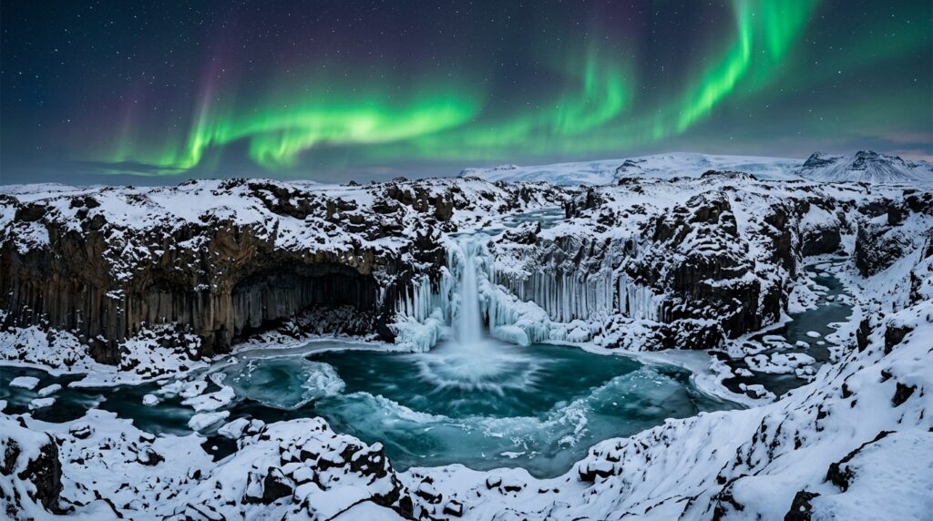 Frozen glacial waterfall and volcanic basalt cliffs under Northern Lights in winter Iceland