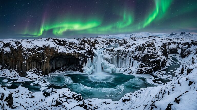 Frozen glacial waterfall and volcanic basalt cliffs under Northern Lights in winter Iceland