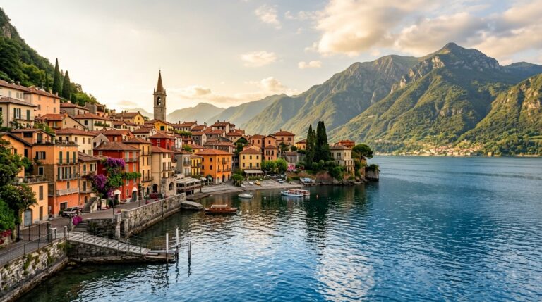 Panoramic view of Varenna waterfront on Lake Como Italy with pastel houses church tower and mountains