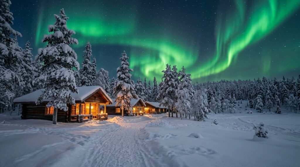Snowy pine forest and illuminated timber cabins under green Aurora Borealis in Finnish Lapland