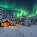 Snowy pine forest and illuminated timber cabins under green Aurora Borealis in Finnish Lapland