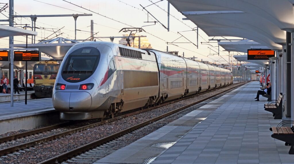Morocco Al Boraq high-speed train stationed along the modern passenger platforms at Tanger Ville railway terminal