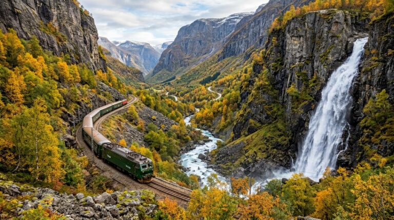 Panoramic view of the green vintage Flåm Railway train descending through the dramatic autumn valley of Flåmsdalen beside the roaring Kjosfossen waterfall in Norway
