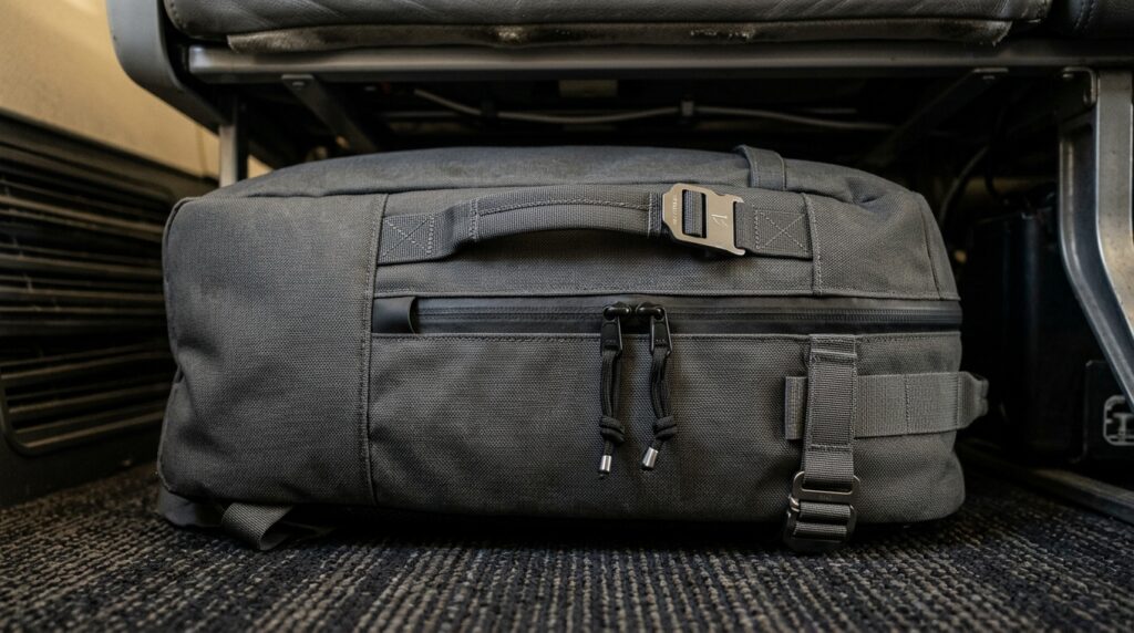 Ultra close-up macro of minimalist 28L travel backpack stowed beneath airline passenger seat