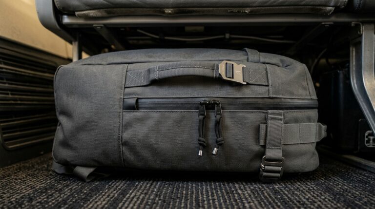 Ultra close-up macro of minimalist 28L travel backpack stowed beneath airline passenger seat