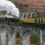 Panoramic view of a train crossing the iconic curving concrete arches of Glenfinnan Viaduct surrounded by Scottish Highland hills