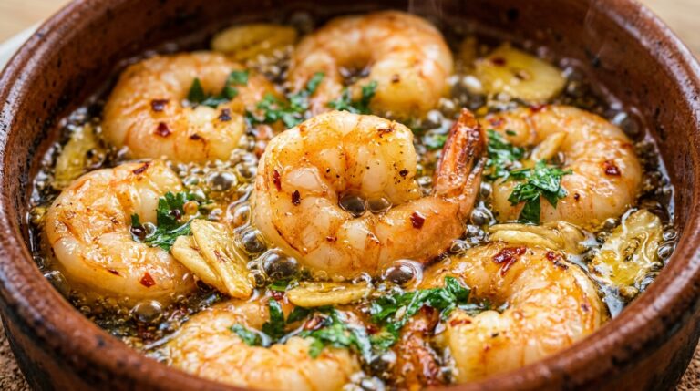 Ultra close-up macro of sizzling Spanish garlic prawns in terracotta cazuela dish with olive oil and parsley