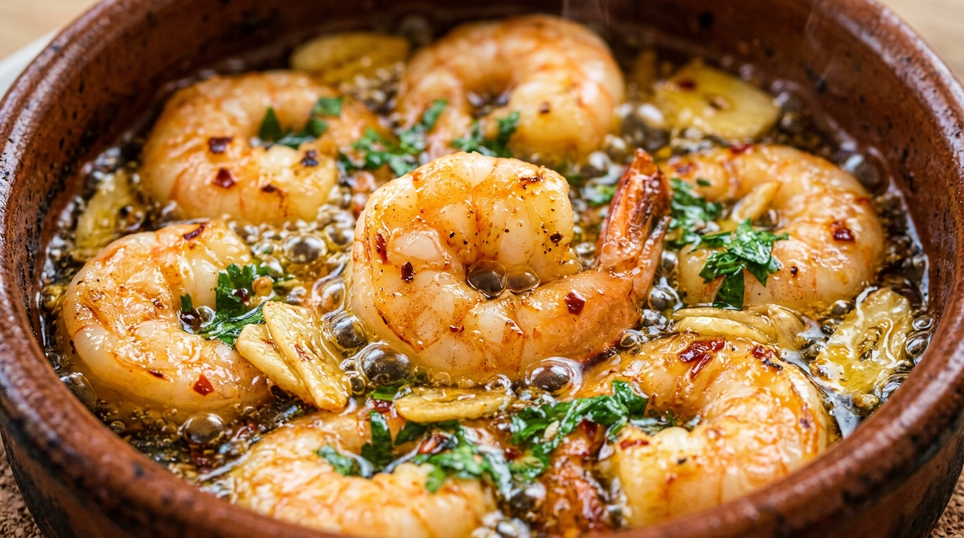 Ultra close-up macro of sizzling Spanish garlic prawns in terracotta cazuela dish with olive oil and parsley
