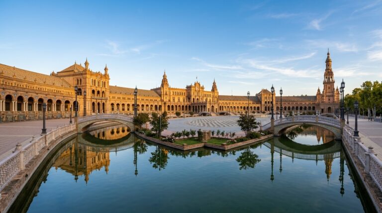 Magnificent Plaza de Espana in Seville Spain with grand palace canal bridges and golden sunlight