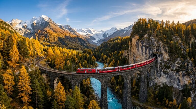 Panoramic Swiss red train crossing a stone viaduct in the Swiss Alps surrounded by autumn larch trees and snowy peaks
