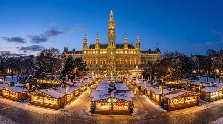Illuminated Vienna Christmas Market on Rathausplatz at twilight with glowing market chalets and decorated Christmas tree in front of the neo-Gothic City Hall