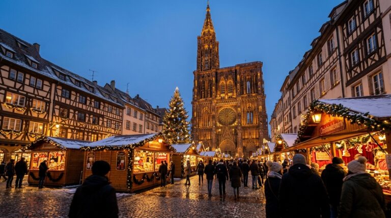 Strasbourg Christmas Market Place Broglie Cathedral illuminated twilight