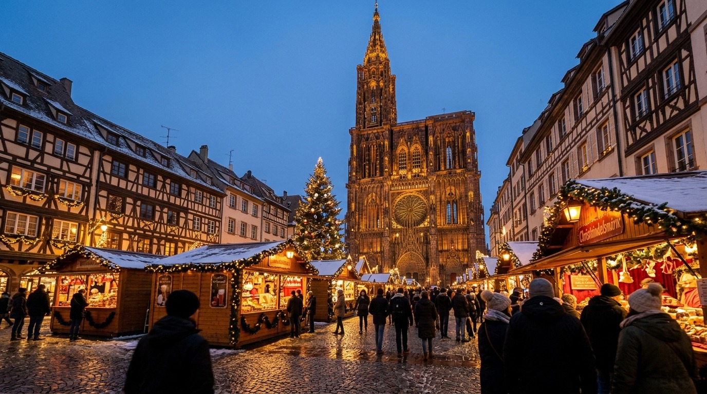 Strasbourg Christmas Market at Place Broglie with Gothic Cathedral illuminated at twilight