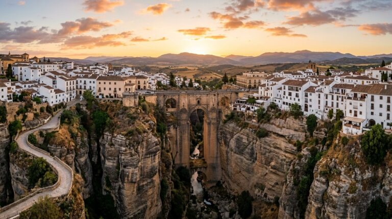 Spectacular wide-angle panoramic sunset view of the monumental Puente Nuevo bridge spanning El Tajo gorge in Ronda Spain with whitewashed houses on cliff edge