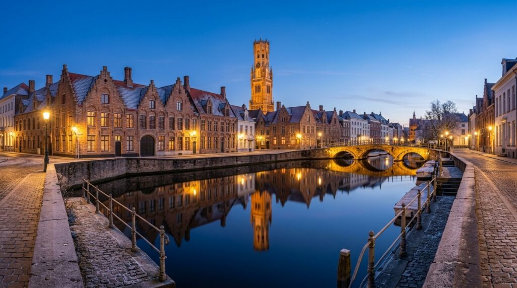Panoramic view of Rozenhoedkaai Quay of the Rosary in Bruges Belgium at winter twilight with historic Flemish brick guildhouses reflecting on calm canal water and the medieval Belfry tower