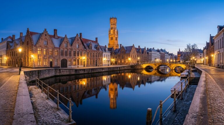 Panoramic view of Rozenhoedkaai Quay of the Rosary in Bruges Belgium at winter twilight with historic Flemish brick guildhouses reflecting on calm canal water and the medieval Belfry tower