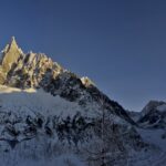 Panoramic view of the snow-covered Mont Blanc massif and sharp granite peaks above Chamonix valley in winter