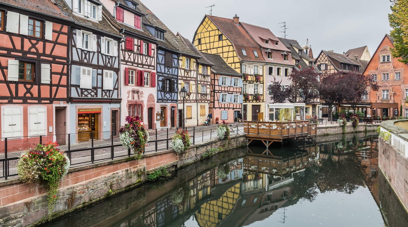 Half-timbered medieval houses and tranquil canals of Little Venice Petite Venise in Colmar during winter