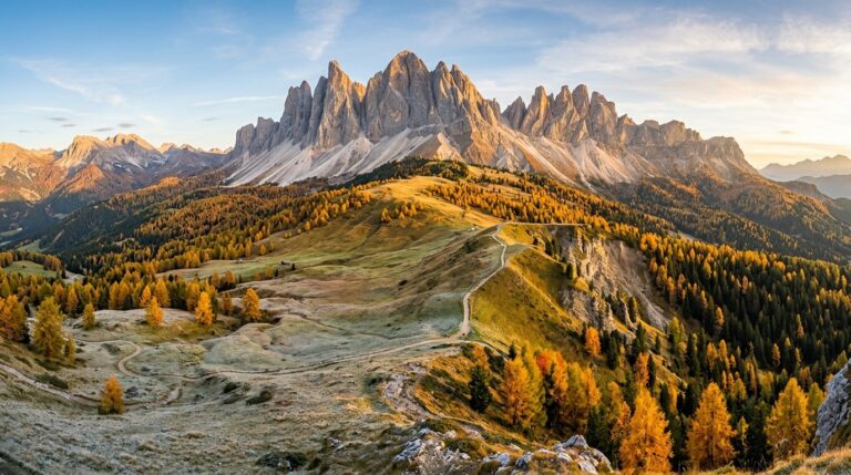 Breathtaking wide-angle panoramic view of the Seceda ridgeline and Odle Geisler mountain peaks in the Italian Dolomites during peak autumn with golden larch forests