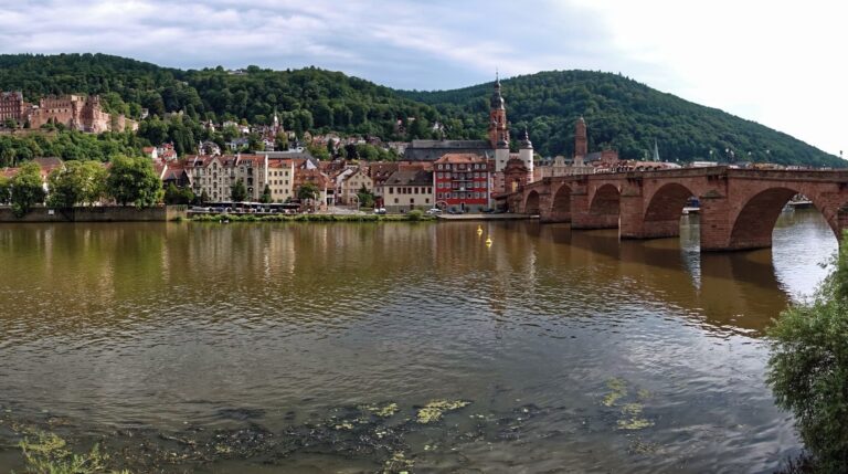 Panoramic view of Heidelberg Castle perched on forested hills above the Neckar River and the Old Bridge in winter