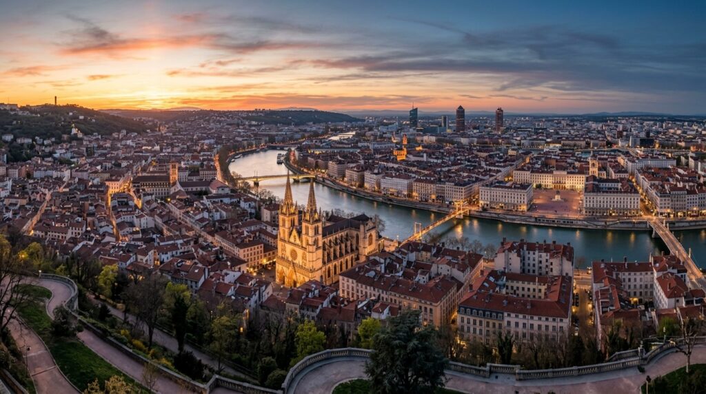 Panoramic golden hour twilight view of Lyon from Fourviere hill overlooking the Saone river, Saint Jean Cathedral spires, and the Presquile peninsula