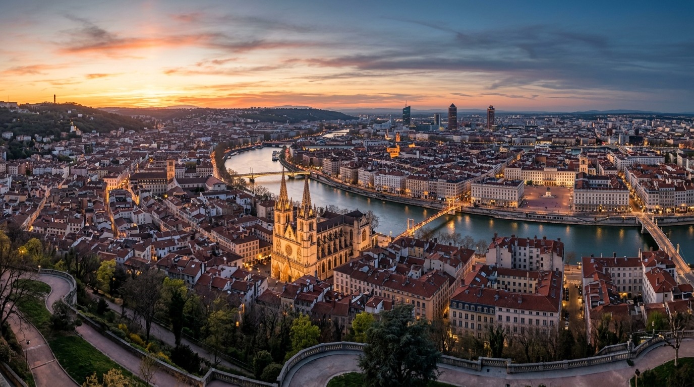 Panoramic golden hour twilight view of Lyon from Fourviere hill overlooking the Saone river, Saint Jean Cathedral spires, and the Presquile peninsula