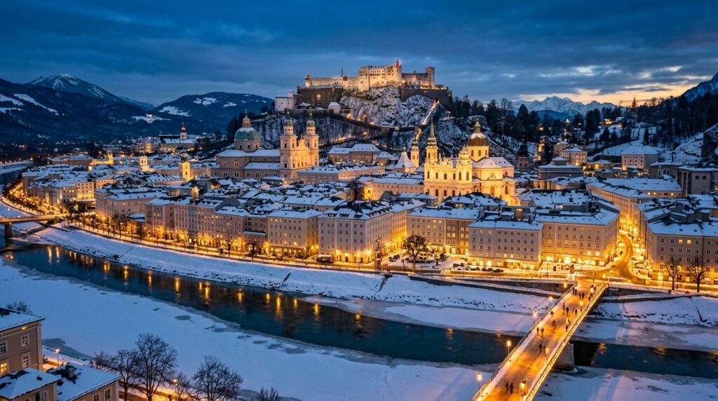 Salzburg Old Town and Hohensalzburg Fortress illuminated at winter twilight