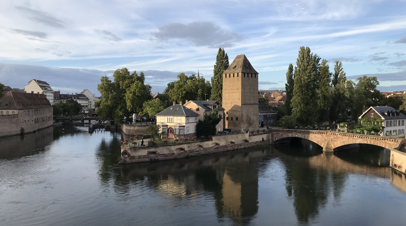 Strasbourg Ponts Couverts medieval watchtowers and river canals seen from Barrage Vauban in winter Alsace France