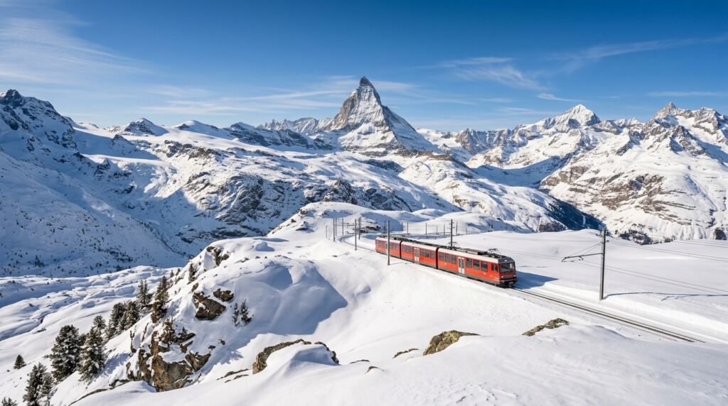 Red Gornergrat cogwheel train traveling through deep winter snowdrifts with the sharp peak of the Matterhorn mountain rising dramatically in Zermatt Switzerland