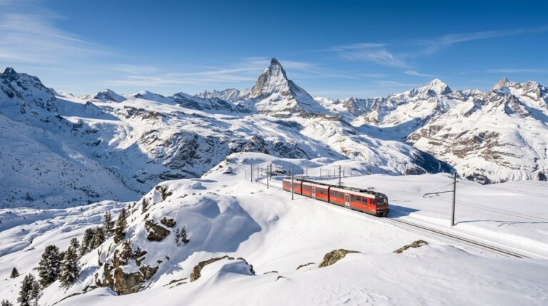 Red Gornergrat cogwheel train traveling through deep winter snowdrifts with the sharp peak of the Matterhorn mountain rising dramatically in Zermatt Switzerland